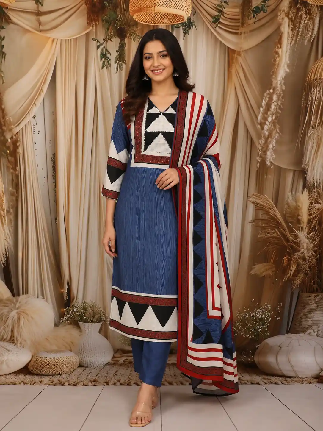 Royal Blue Geometric Printed Design Cotton Straight Cut Salwar Suit with Dupatta